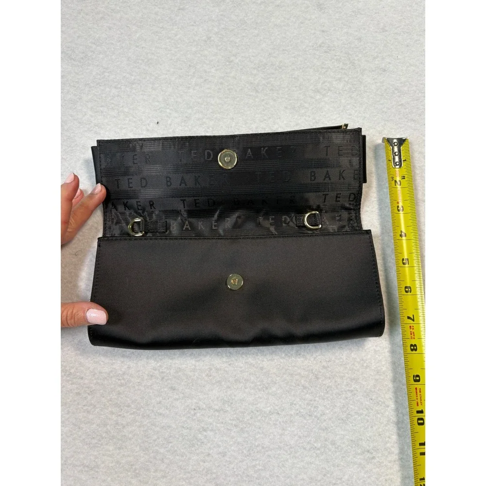Ted Baker Black Satin Bow Clutch Bag Gold Logo Evening Formal Handbag